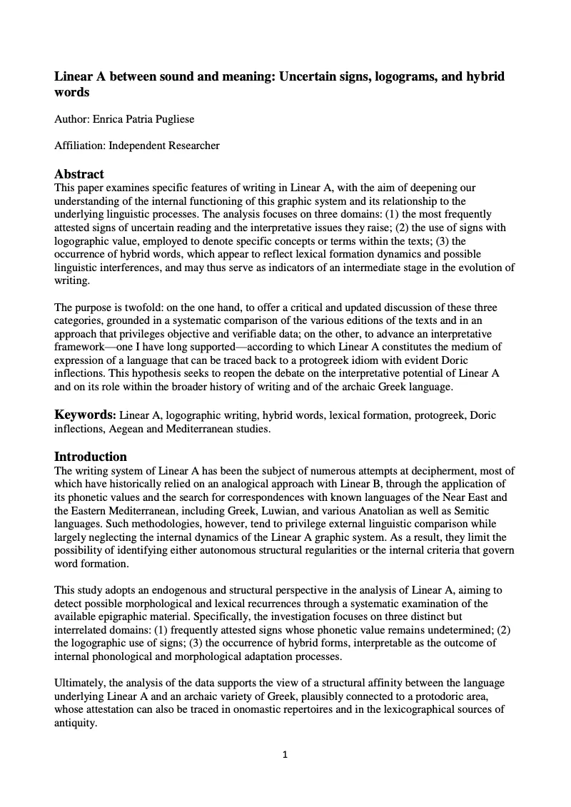 First page of “Linear A between sound and meaning: Uncertain signs, logograms, and hybrid words”